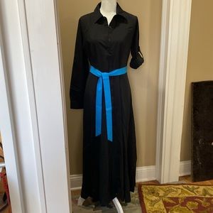 V neck maxi shift Black soft button down dress with blue sash XXL
